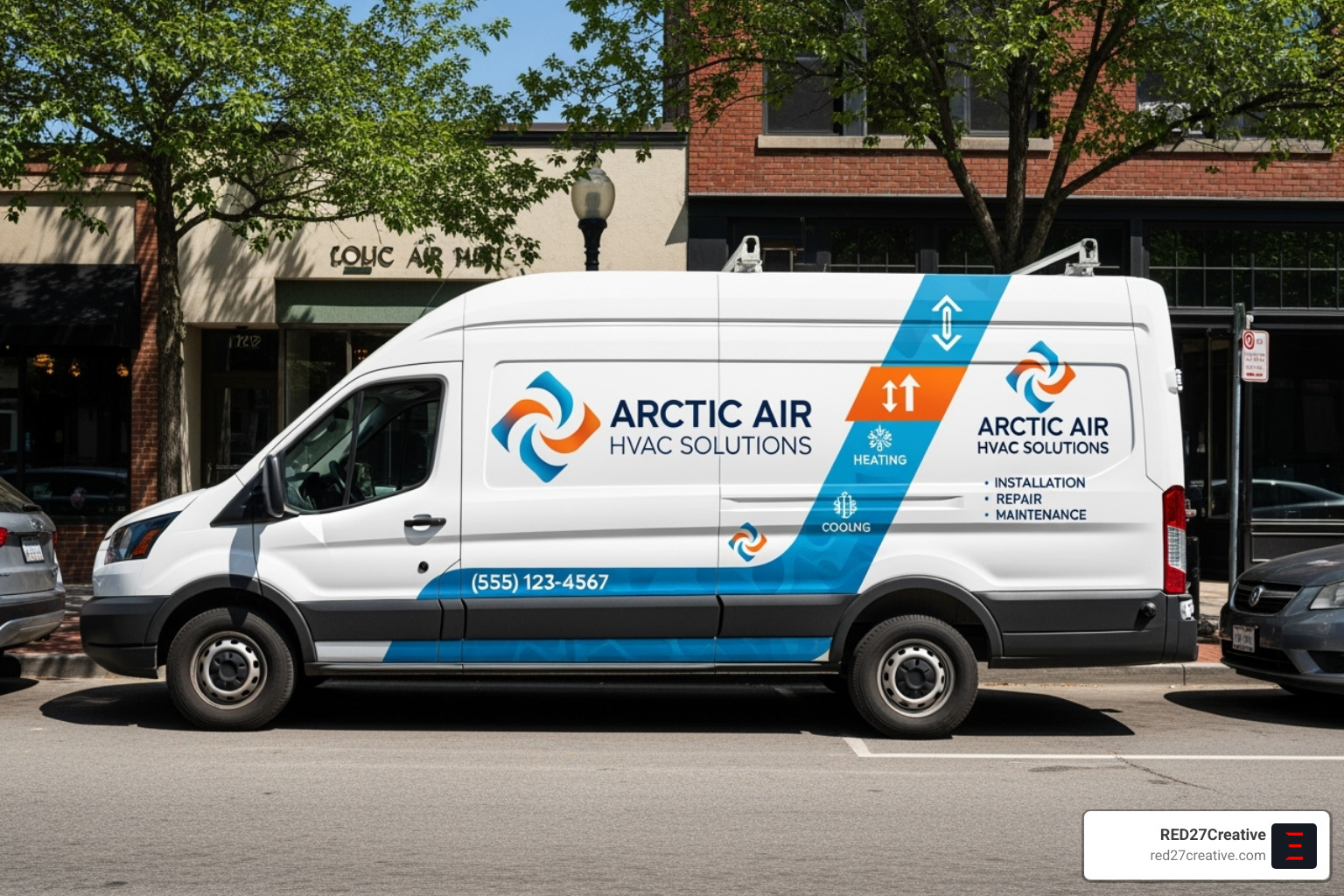 A professionally designed vehicle wrap on an HVAC company van, featuring the company logo, contact information, and a clear tagline, serving as a moving billboard. - digital marketing for hvac A professionally designed vehicle wrap on an HVAC company van, featuring the company logo, contact information, and a clear tagline, serving as a moving billboard. - digital marketing for hvac