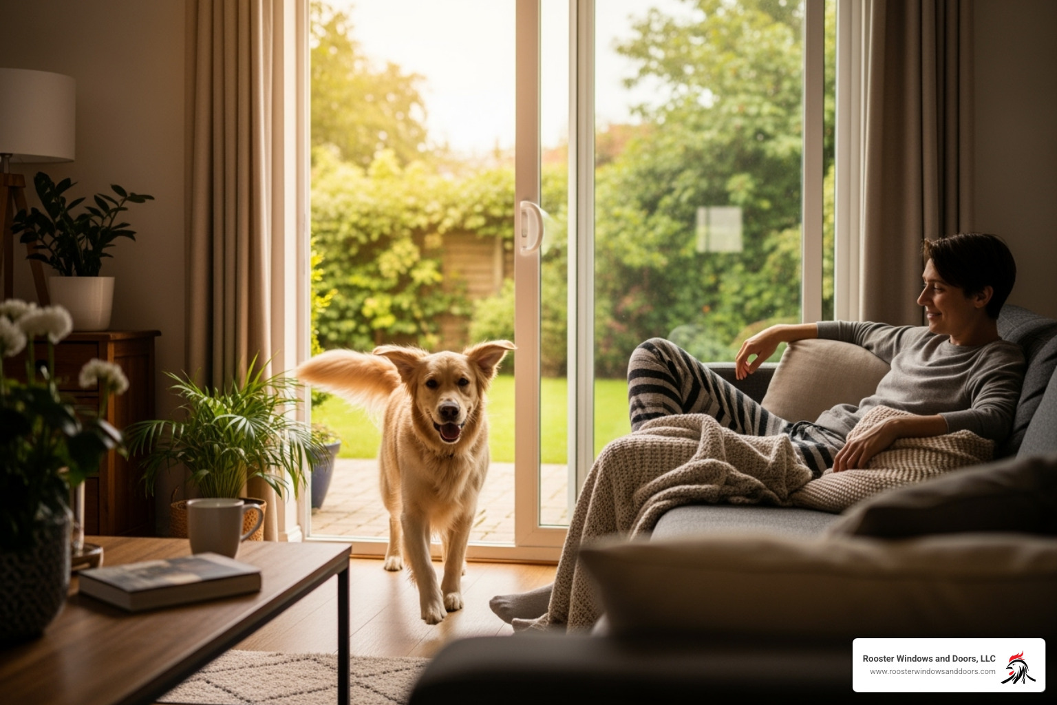 homeowner relaxing indoors while their dog happily enters through their sliding glass door - sliding glass door dog door