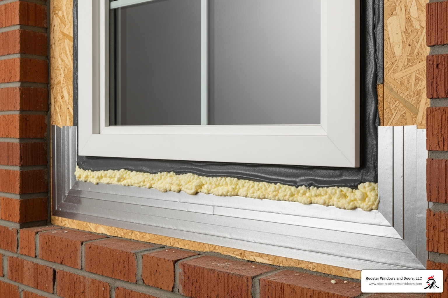 Image illustrating proper flashing and sealing around a window in a brick wall, showing layers of flashing tape, sealant, and foam insulation - replacing windows in a brick house