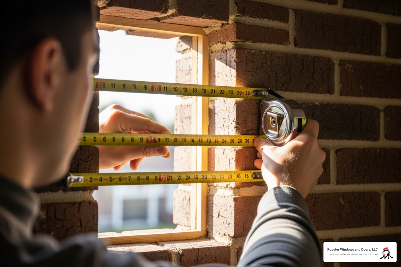 Image showing how to measure a window opening in three places: top, middle, and bottom, for both width and height - replacing windows in a brick house