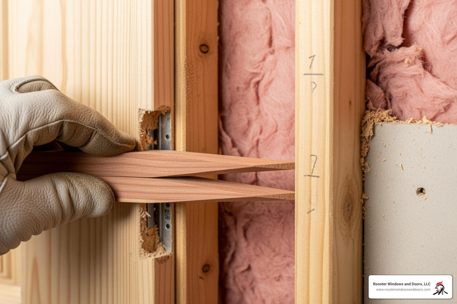 cedar shims being inserted between the door frame and the wall stud - replace entry door