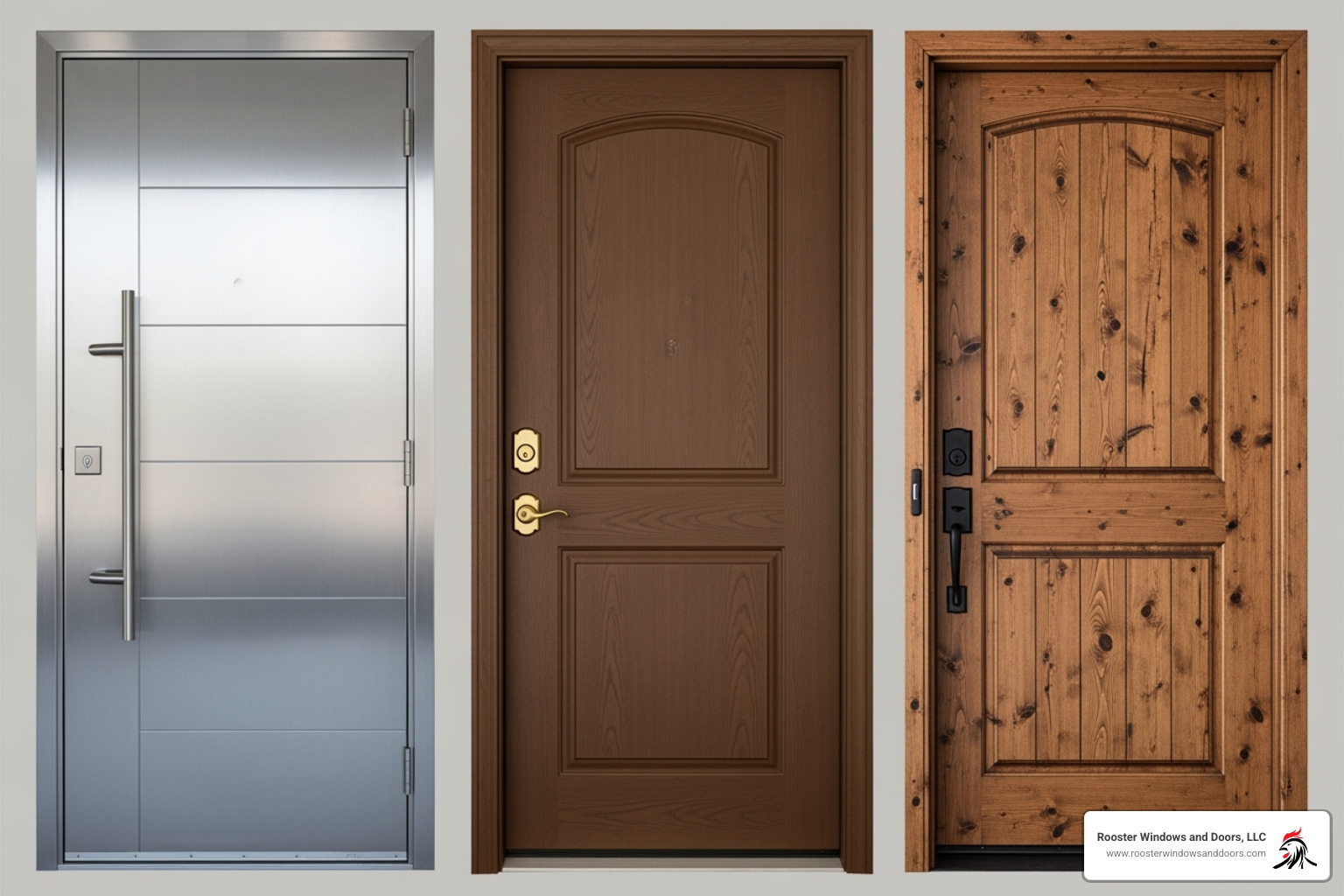 side-by-side examples of a steel, fiberglass, and wood door - replace entry door