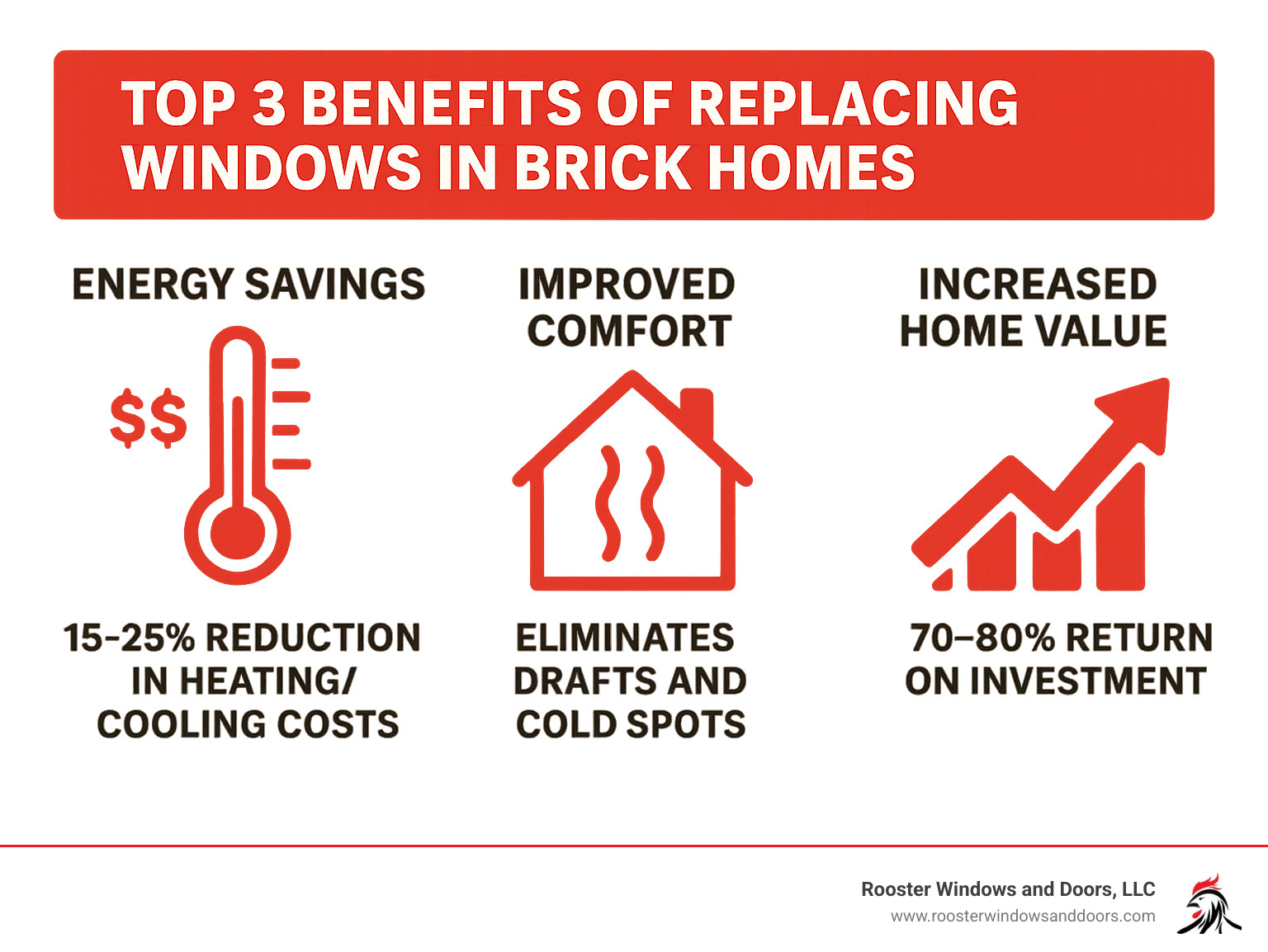 Infographic showing the top 3 benefits of replacing windows in brick homes: Energy Savings with dollar signs and thermometer icon showing 15-25% reduction in heating/cooling costs, Improved Comfort with house icon showing elimination of drafts and cold spots, and Increased Home Value with upward trending arrow showing 70-80% return on investment - replacing windows in a brick house infographic 