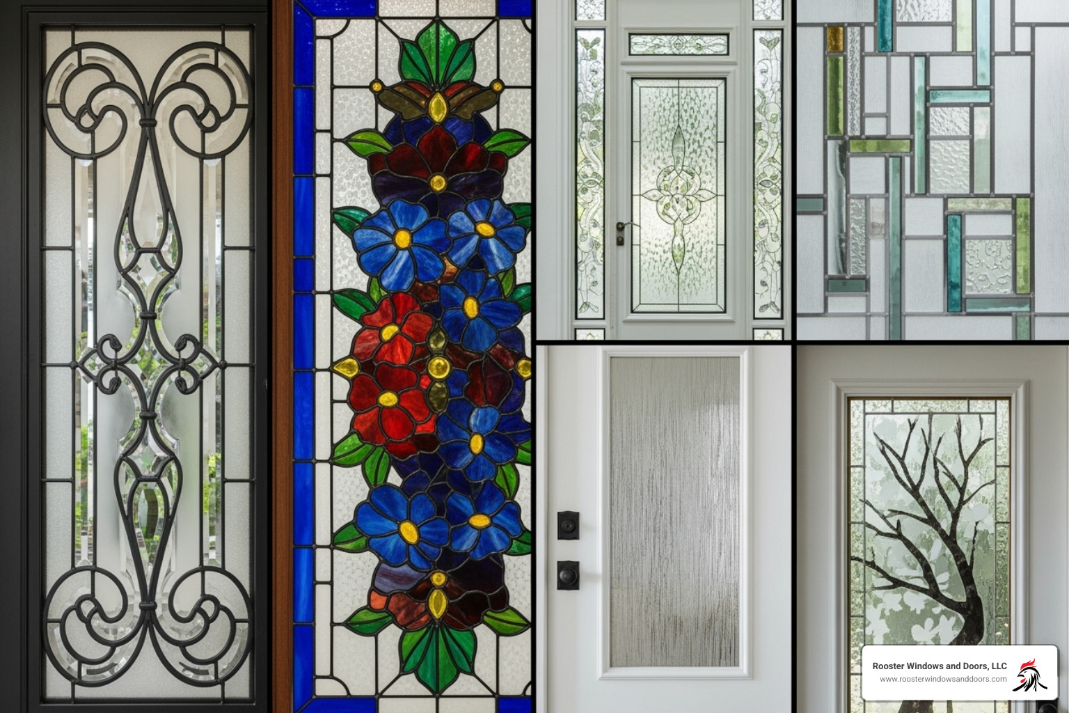 collage showcasing various decorative glass styles like wrought iron, stained glass, and modern geometric patterns - door glass panel