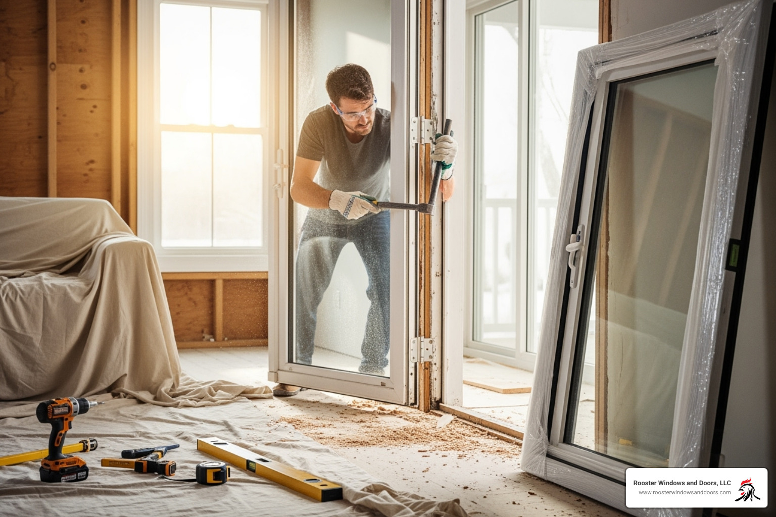 person carefully removing old patio door panel - how to install a replacement patio door
