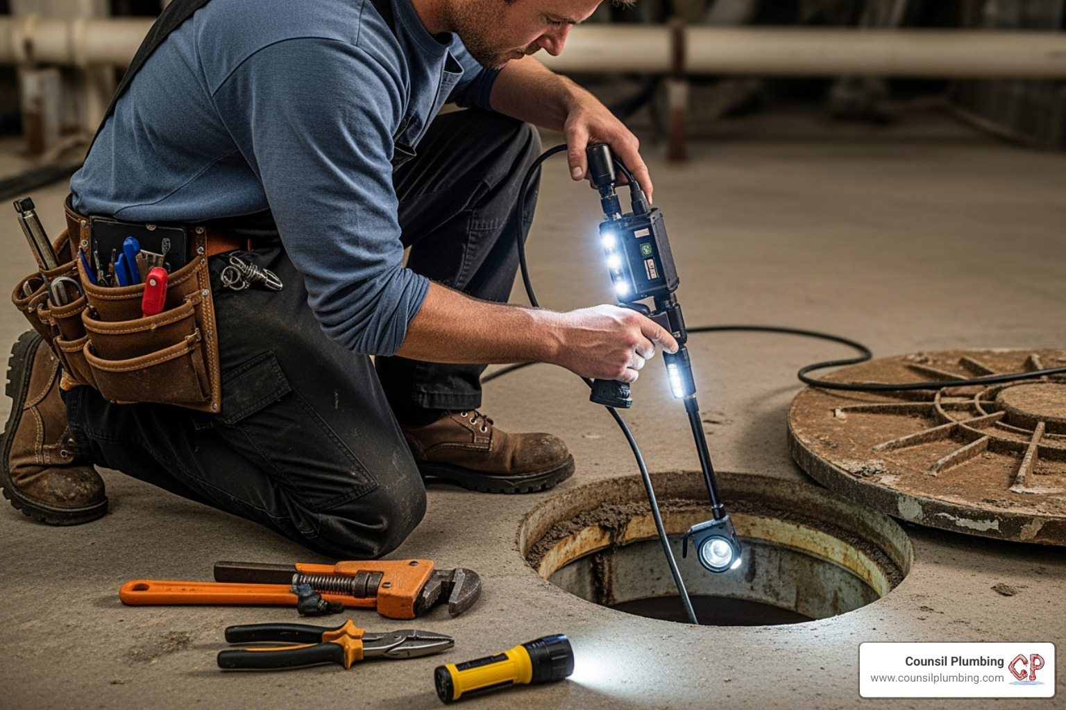 plumber performing a video camera inspection of a sewer line - hydrojetting sewer lines