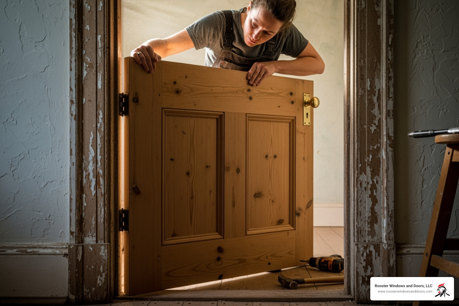 A person carefully hanging a new slab door into an existing frame - replacing interior doors in old house