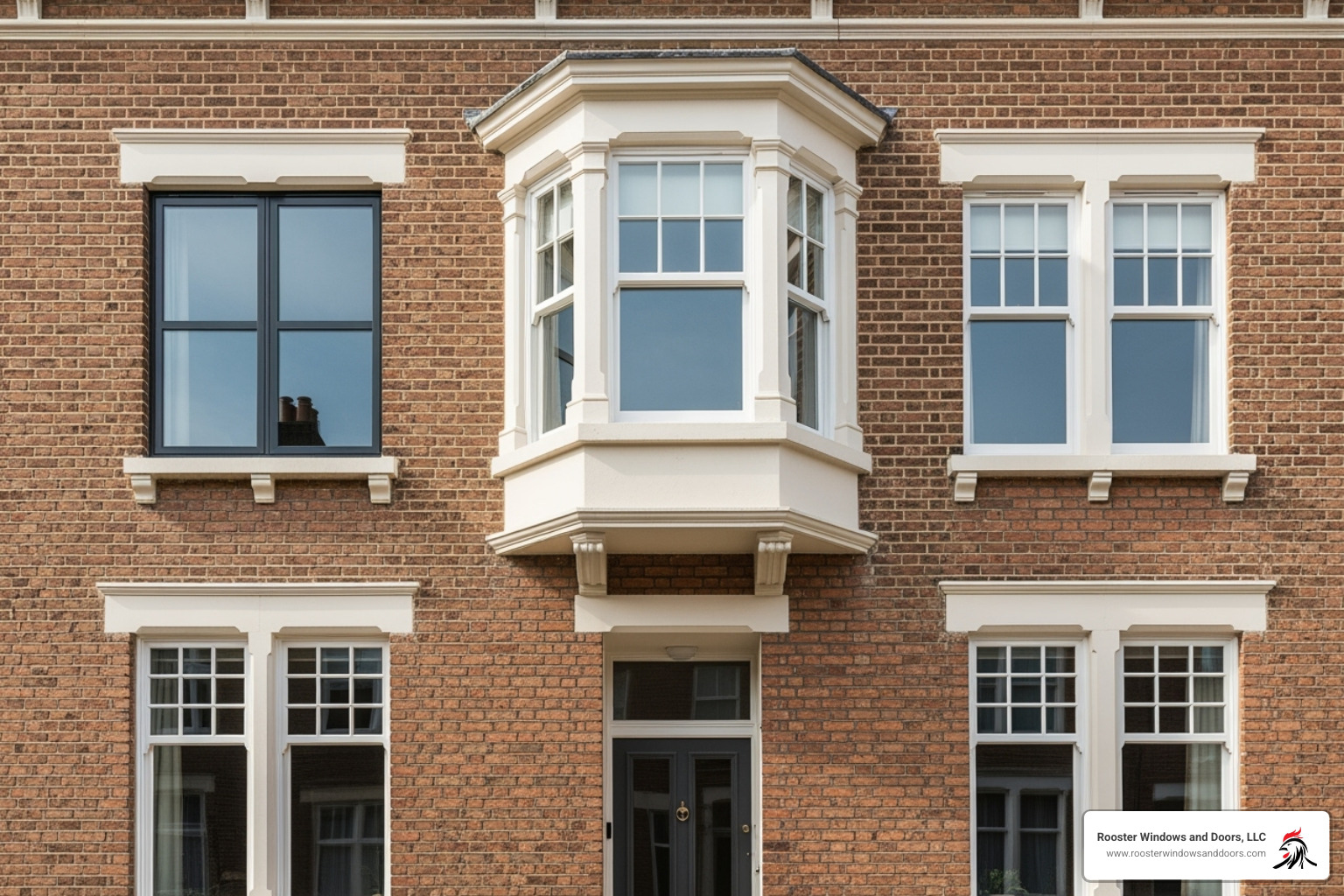 Different window styles like double-hung, casement, and bay windows on a brick home facade - best replacement windows for brick homes