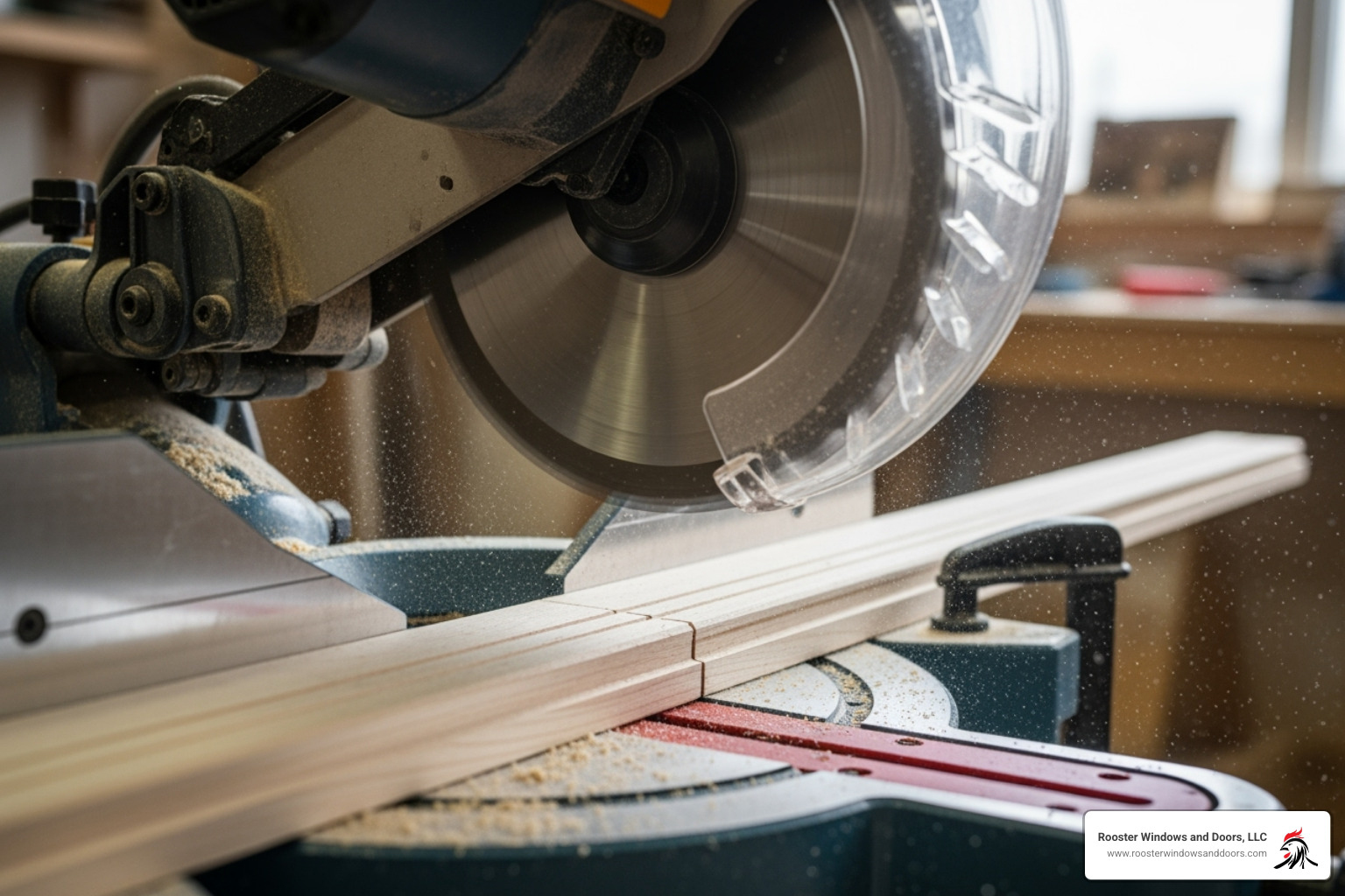 miter saw making a precise 45-degree cut on a piece of trim - door trim installation