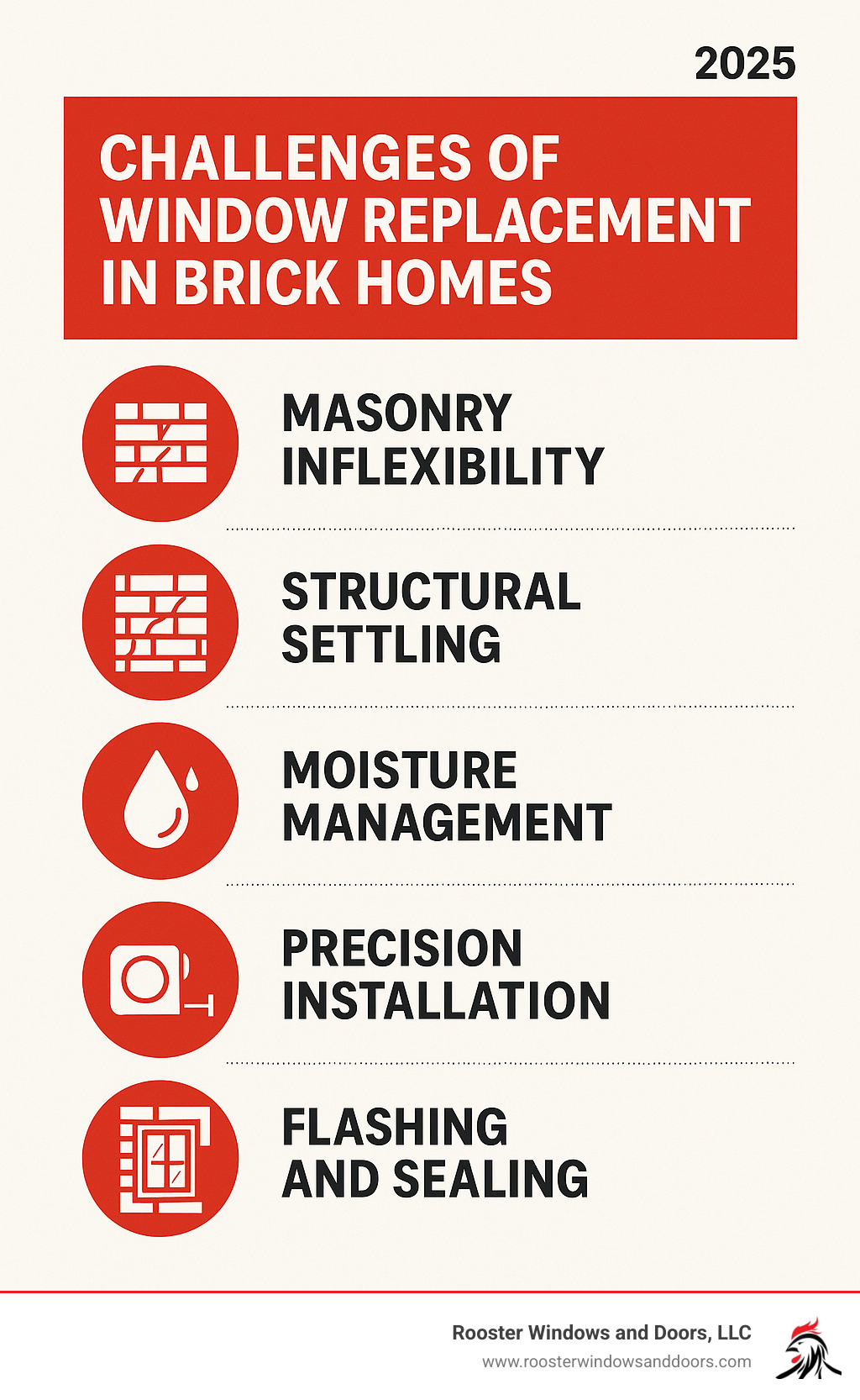 Infographic showing the key challenges of window replacement in brick homes including masonry inflexibility, structural settling, moisture management requirements, precision installation needs, and the importance of proper flashing and sealing techniques - best replacement windows for brick homes infographic 