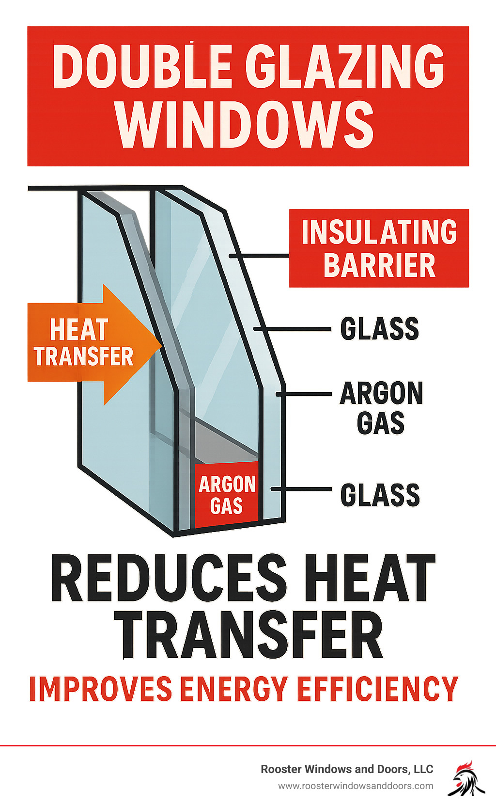 Infographic showing cross-section of double glazing window with two glass panes separated by argon gas layer, demonstrating how the insulating barrier reduces heat transfer and improves energy efficiency - double glazing windows near me infographic 