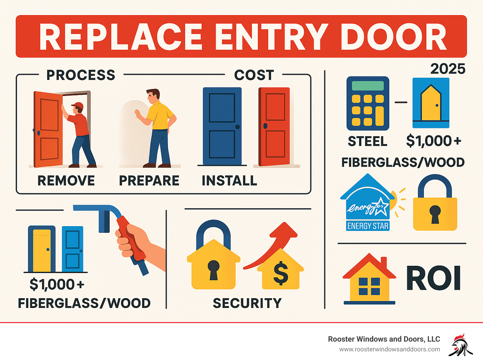 Comprehensive infographic showing the complete entry door replacement process from removal to installation, including cost breakdowns by material type (steel $1000+, fiberglass/wood $1400+), energy efficiency benefits with ENERGY STAR ratings, security improvements, and ROI potential for home value increase - replace entry door infographic 