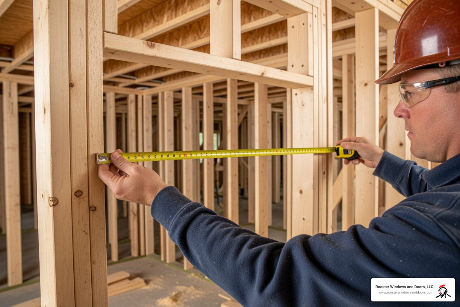 person measuring rough opening for new door - replacing front door frame