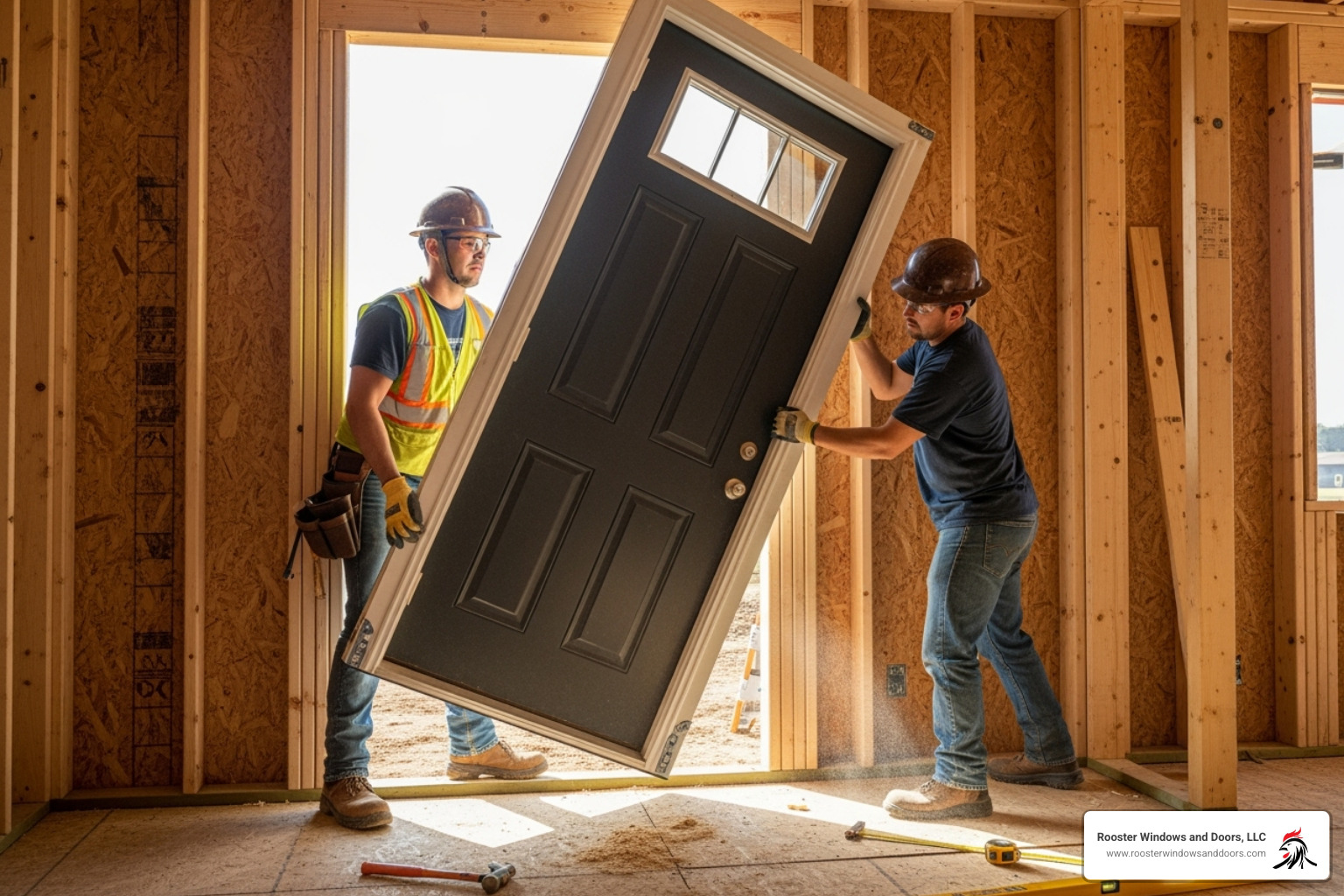 new pre-hung door unit being carefully placed into the prepared rough opening - replacing front door frame