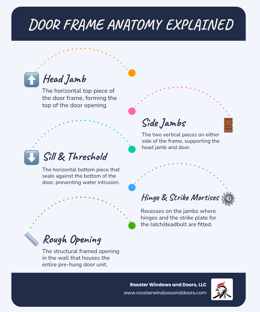 Detailed infographic showing door frame anatomy including head jamb, side jambs, sill, threshold, hinge mortises, strike plate location, and rough opening measurements with labels for each component - replacing front door frame infographic infographic-line-5-steps-blues-accent_colors