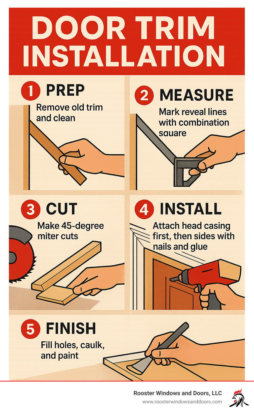 Infographic showing the 5 main stages of door trim installation: 1. Prep (removing old trim and cleaning), 2. Measure (marking reveal lines with combination square), 3. Cut (making 45-degree miter cuts), 4. Install (attaching head casing first, then sides with nails and glue), 5. Finish (filling holes, caulking, and painting) - door trim installation infographic 