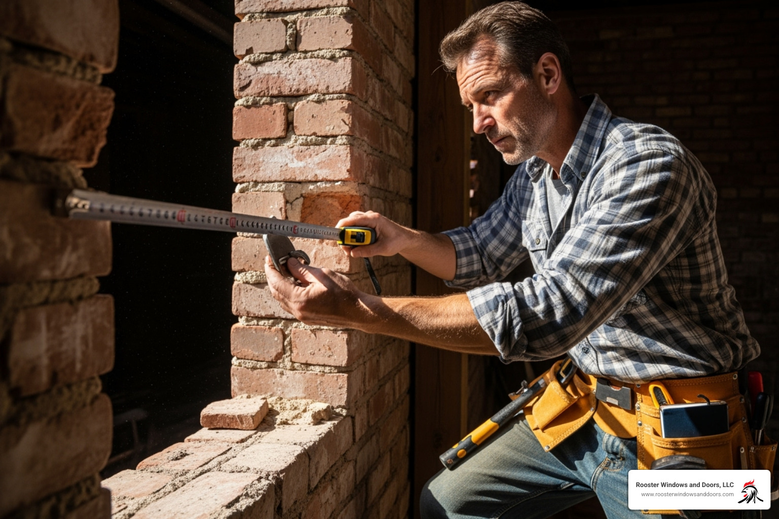 contractor measuring window in brick wall - cost to replace windows in brick house