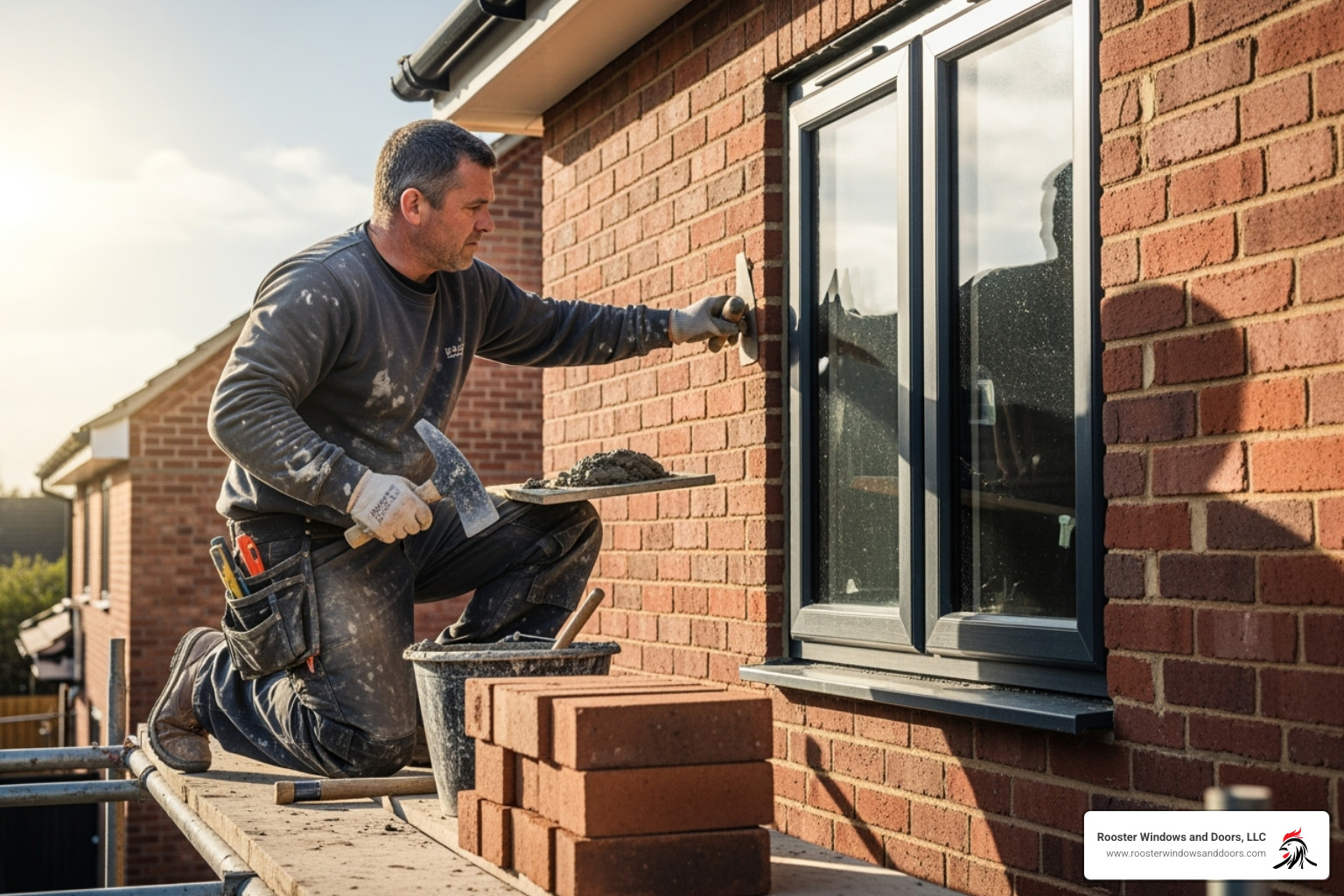 mason working around new window frame - cost to replace windows in brick house