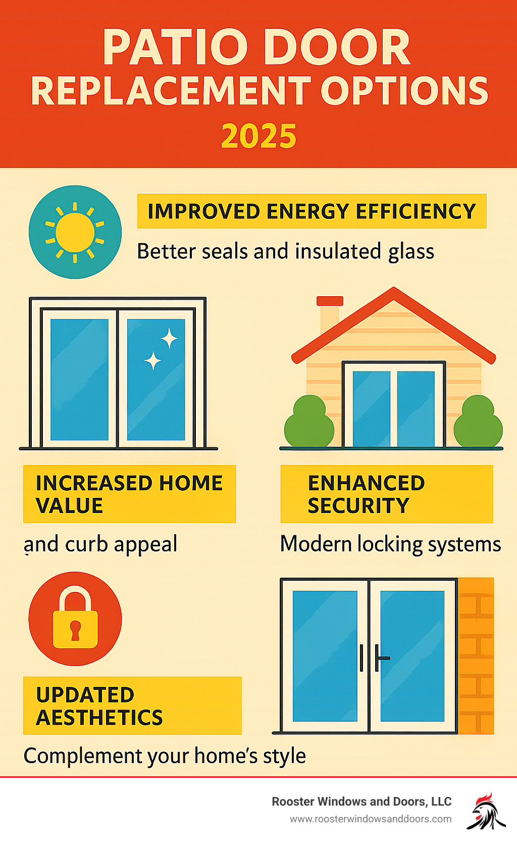 Infographic showing the four key benefits of patio door replacement: improved energy efficiency through better seals and insulated glass, increased home value and curb appeal, improved security with modern locking systems, and updated aesthetics that complement your home's style - Patio door replacement options infographic 