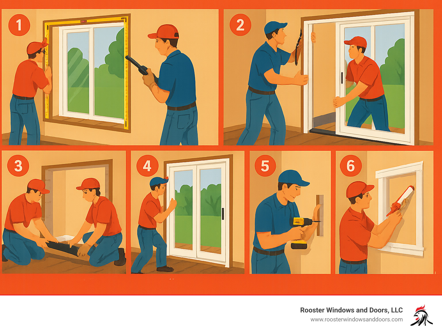 Detailed infographic showing 7 main stages of patio door installation: 1. Measuring rough opening with tape measure and level, 2. Removing old door panels and frame with reciprocating saw, 3. Installing sill pan and flashing tape around opening, 4. Setting new prehung door frame with helper, 5. Shimming and securing frame with screws, 6. Insulating gaps with spray foam, 7. Installing interior and exterior trim with final caulking - how to install a replacement patio door infographic 