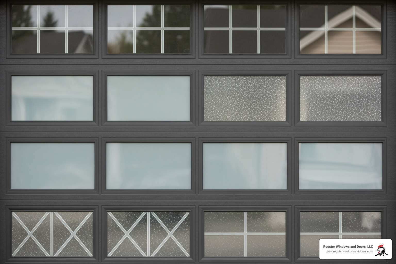 different garage door window styles like frosted and seeded glass - replace top panel of garage door with windows