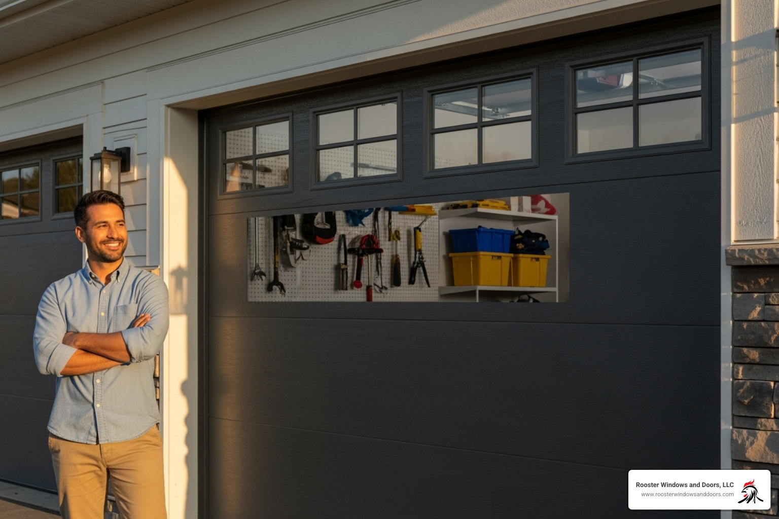 homeowner admiring their new garage door windows - replace top panel of garage door with windows