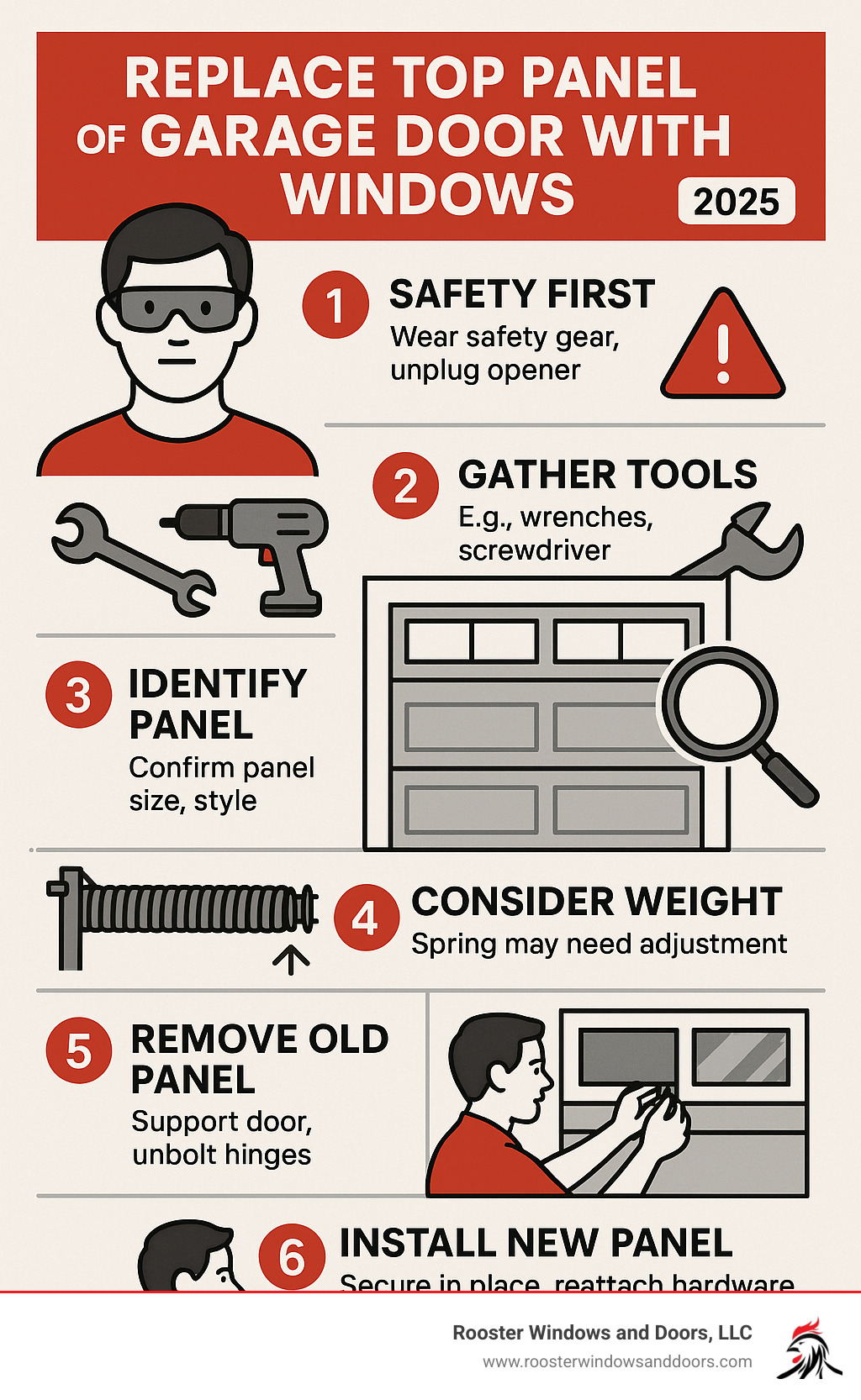 Infographic showing the step-by-step process to replace a garage door top panel with windows, including safety precautions, tools needed, panel identification steps, weight considerations for spring adjustment, and the installation sequence from securing the door to final hardware reattachment - replace top panel of garage door with windows infographic 