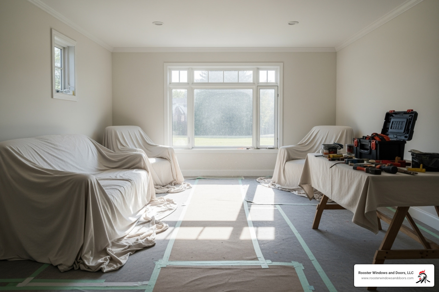 clean work area with drop cloths protecting the floor - window installers near me clean work area with drop cloths protecting the floor - window installers near me