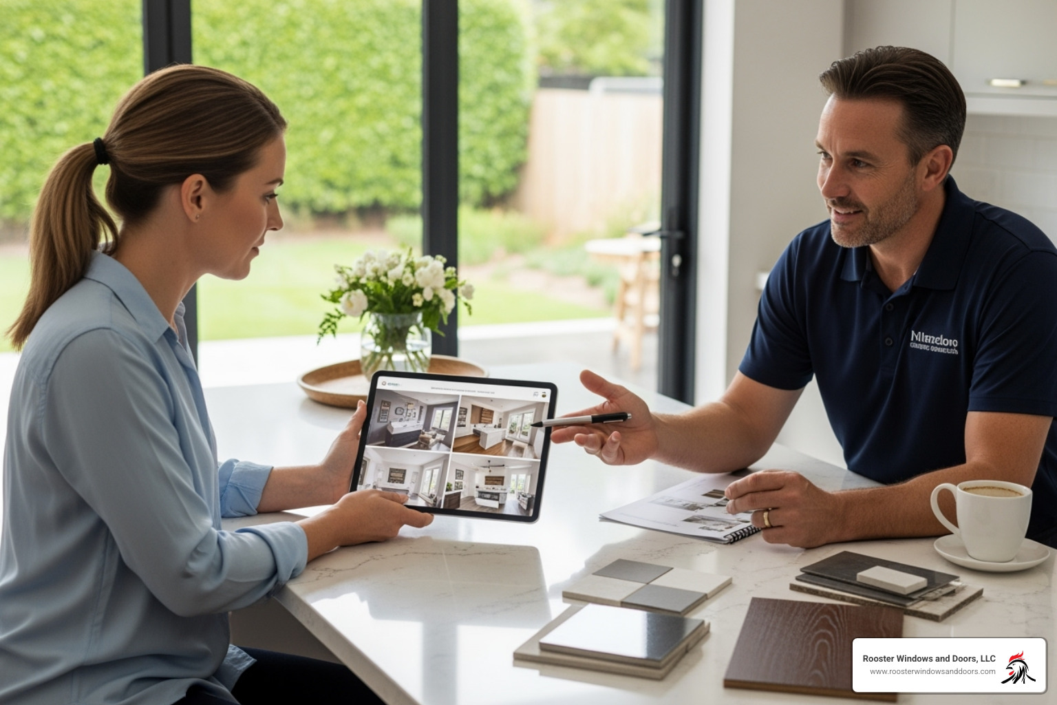 homeowner looking at a contractor's portfolio on a tablet - window installers near me homeowner looking at a contractor's portfolio on a tablet - window installers near me