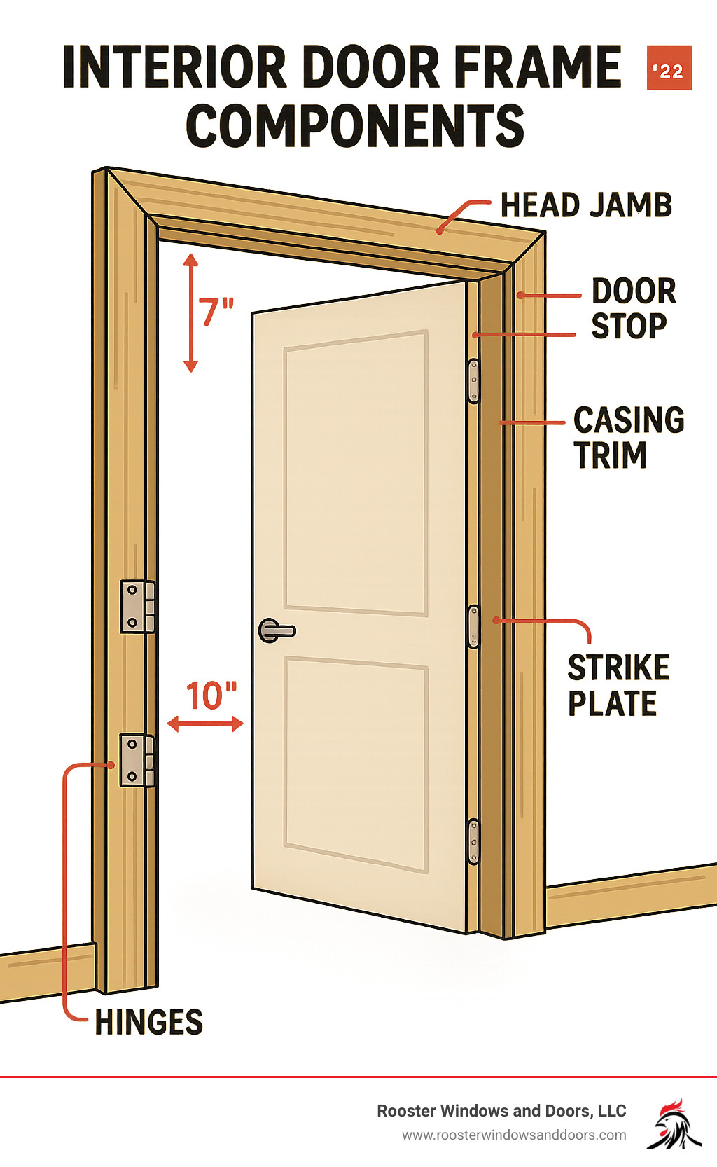 Detailed diagram showing interior door frame components including head jamb, side jambs, door stop, casing trim, hinges, and strike plate with measurements and installation points - replacing interior door frame infographic 