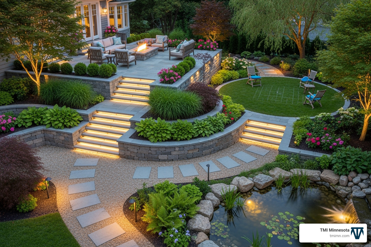 Complex, multi-level backyard with integrated lighting, patio, and plantings - landscaping designers