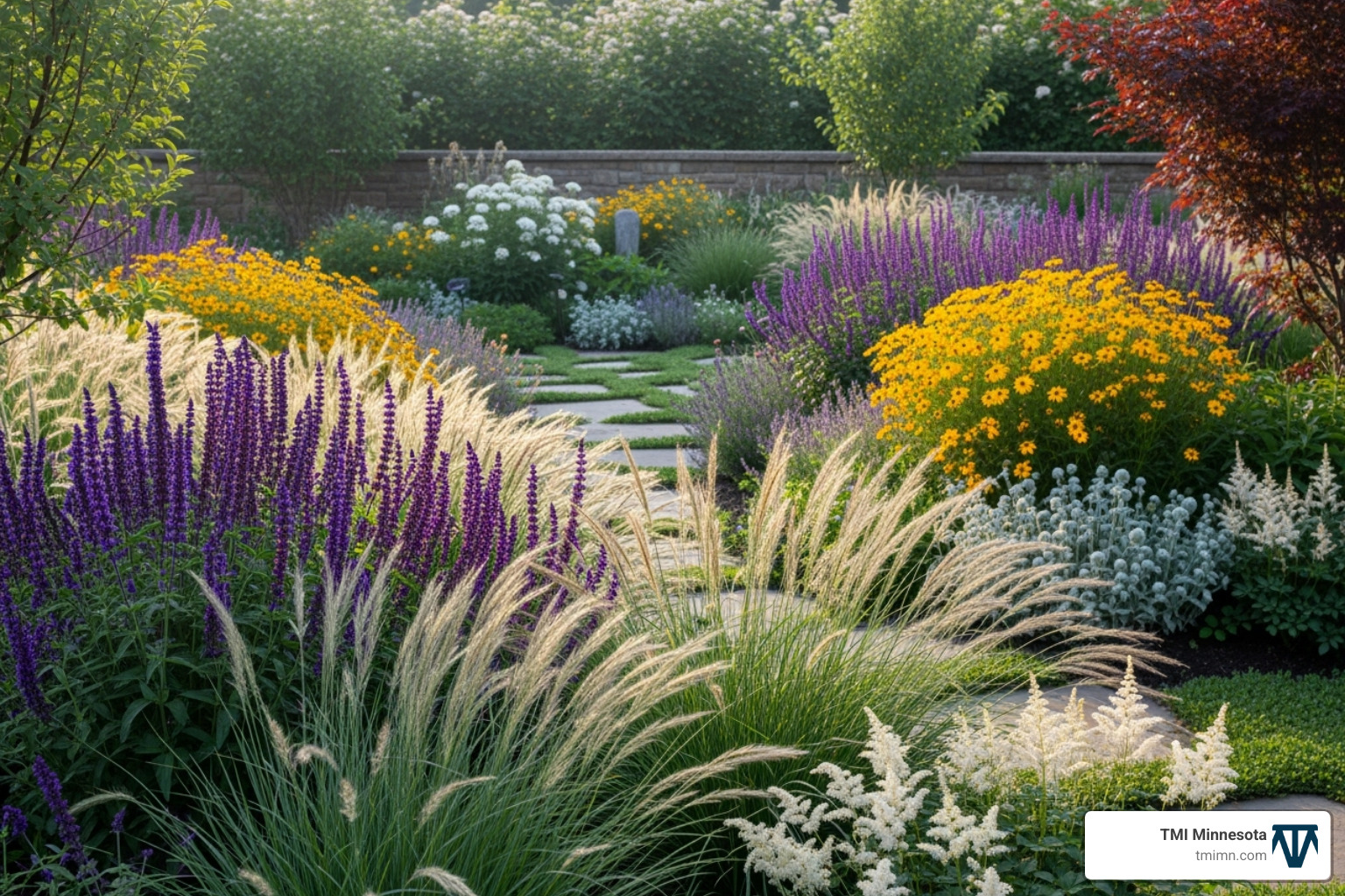 Naturalistic garden with flowing grasses and perennials - landscaping designers
