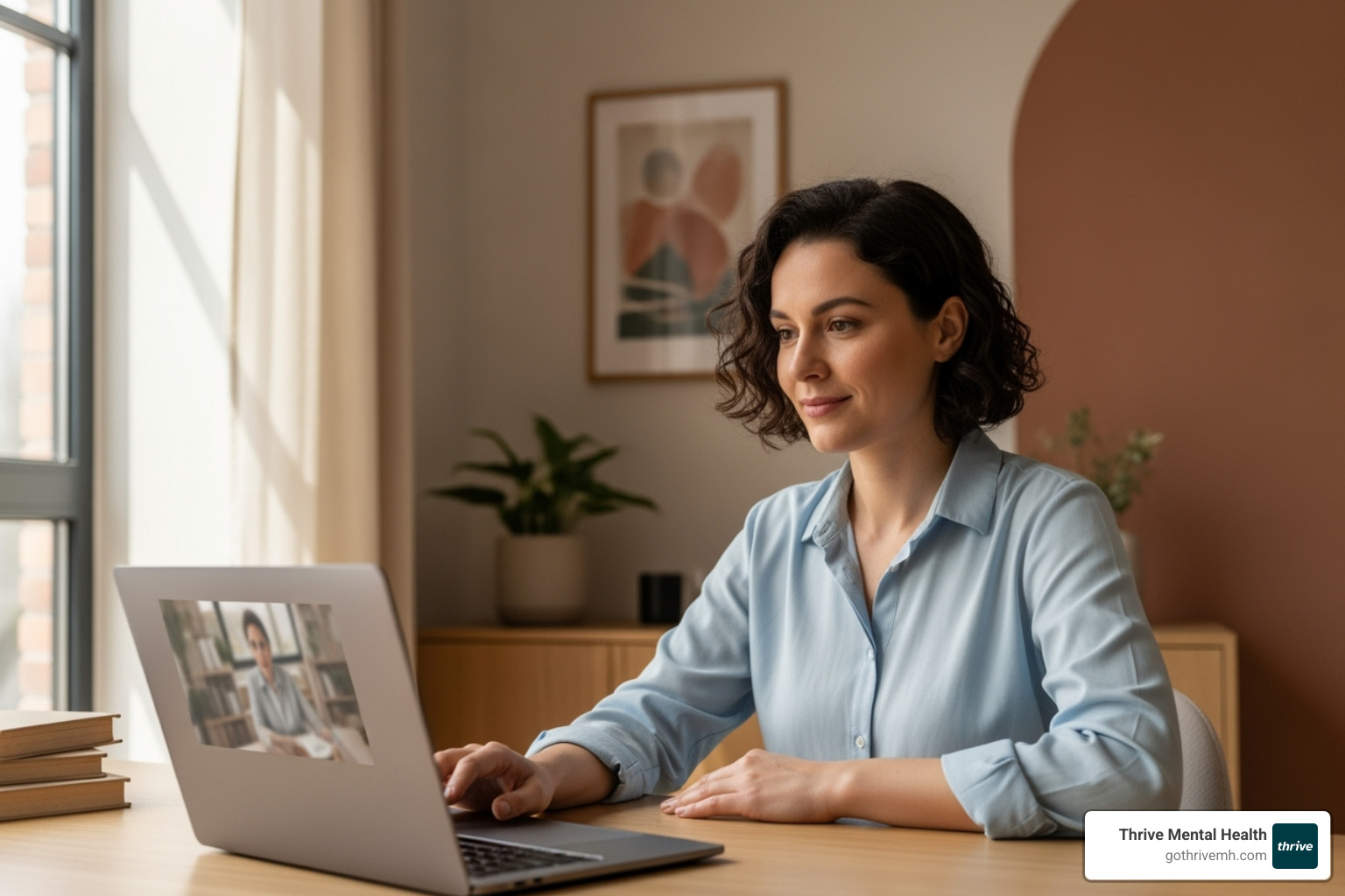 person having a positive virtual therapy session on a laptop - evidence based therapy