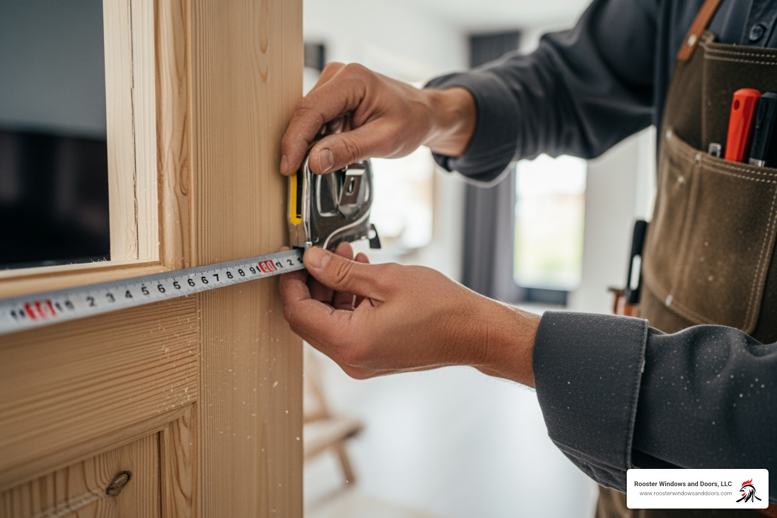 Rooster Windows and Doors carpenter precisely measuring a door frame - cost to install door trim