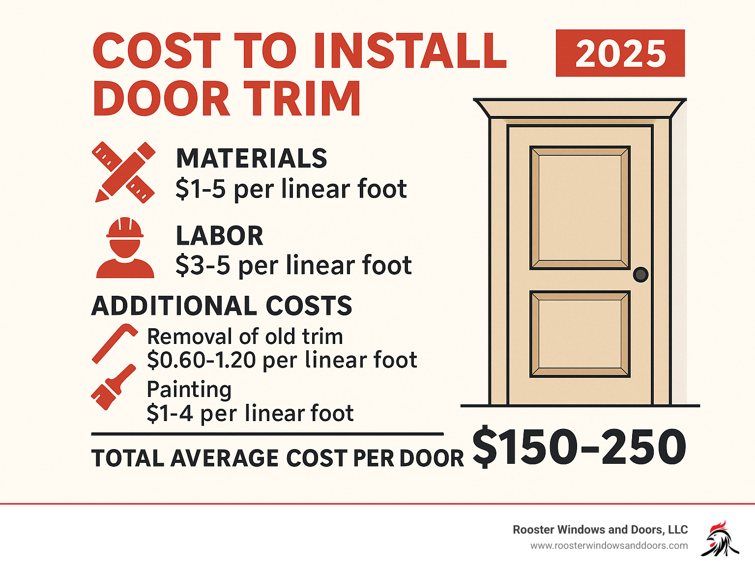 Infographic showing door trim installation cost breakdown: Materials ($1-5 per linear foot), Labor ($3-5 per linear foot), Additional costs including removal of old trim ($0.60-1.20 per linear foot), painting ($1-4 per linear foot), and total average cost per door ($150-250) - cost to install door trim infographic 