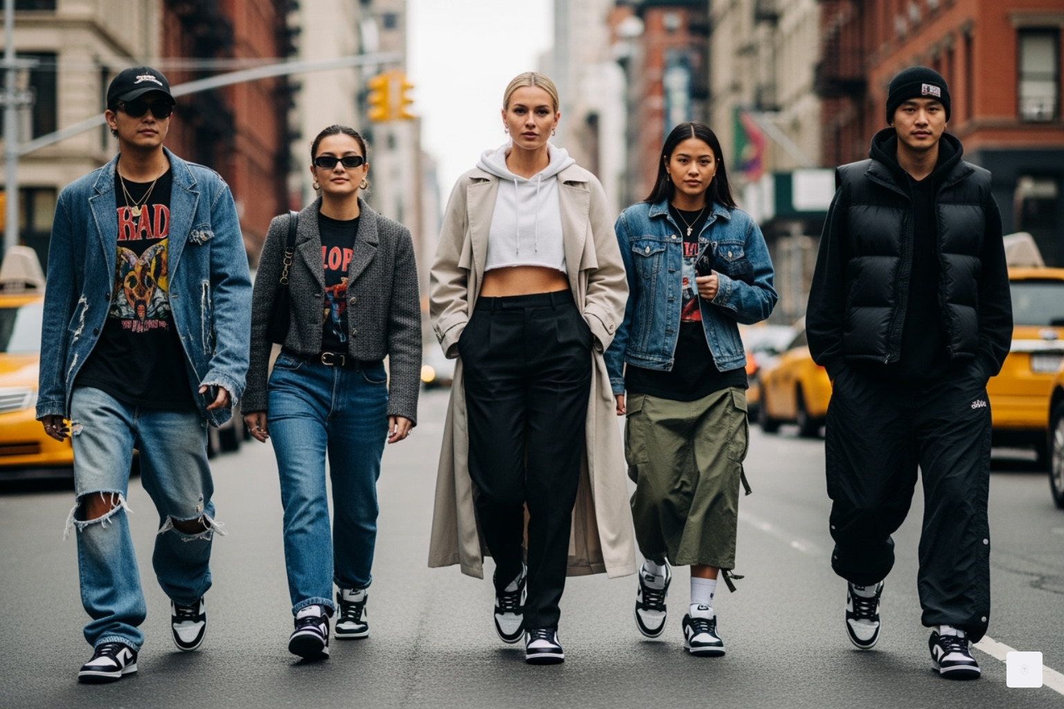 of multiple street style outfits in NYC featuring Panda Dunks. - panda dunks