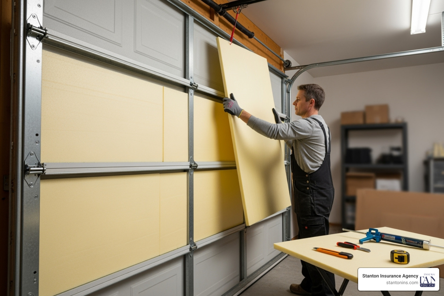 homeowner installing foam board insulation on garage door - Insulate garage for winter