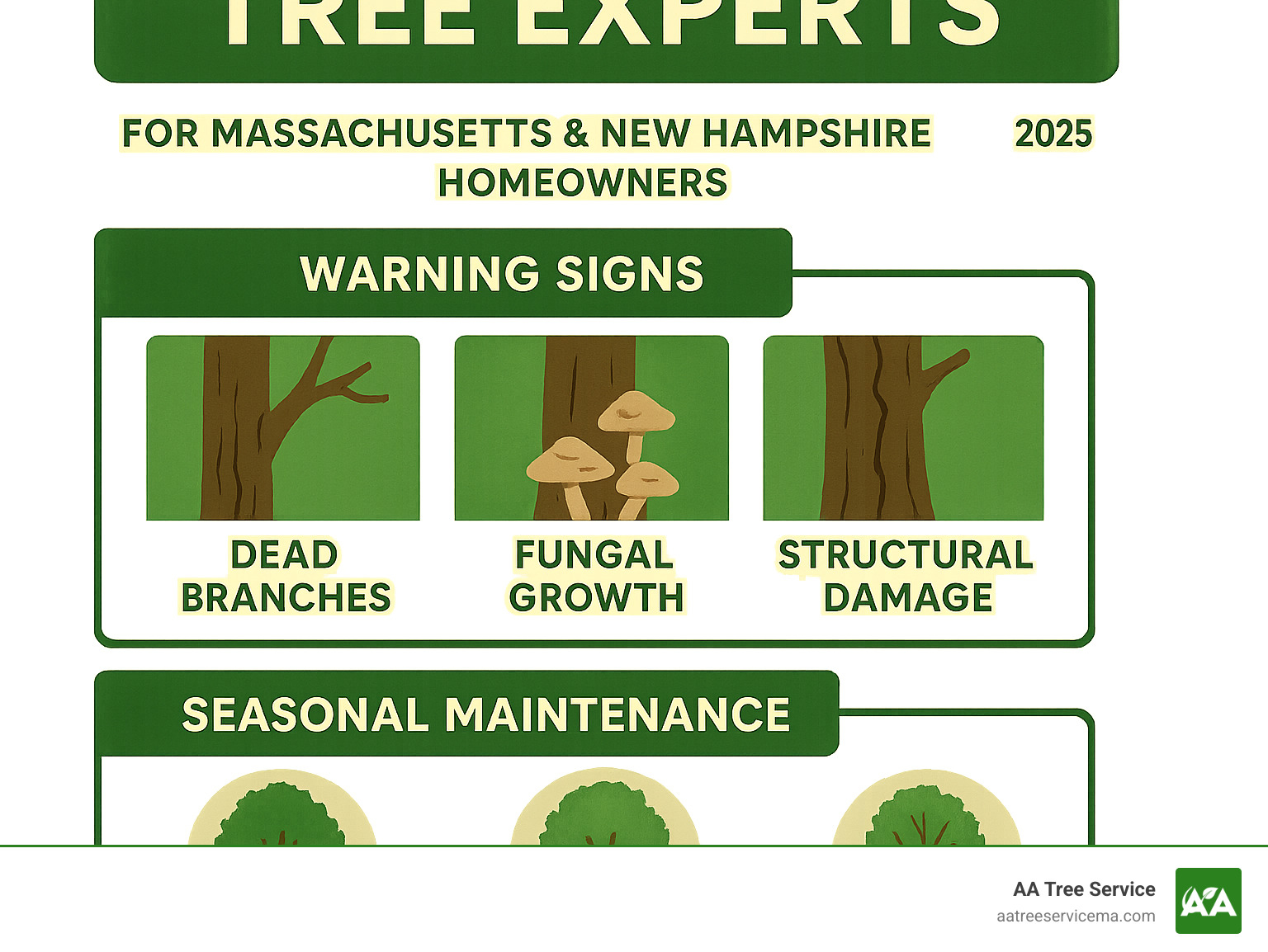 Comprehensive guide showing when to call tree experts, including warning signs like dead branches, fungal growth, structural damage, and seasonal maintenance schedules for Massachusetts and New Hampshire homeowners - Tree experts near me infographic Comprehensive guide showing when to call tree experts, including warning signs like dead branches, fungal growth, structural damage, and seasonal maintenance schedules for Massachusetts and New Hampshire homeowners - Tree experts near me infographic