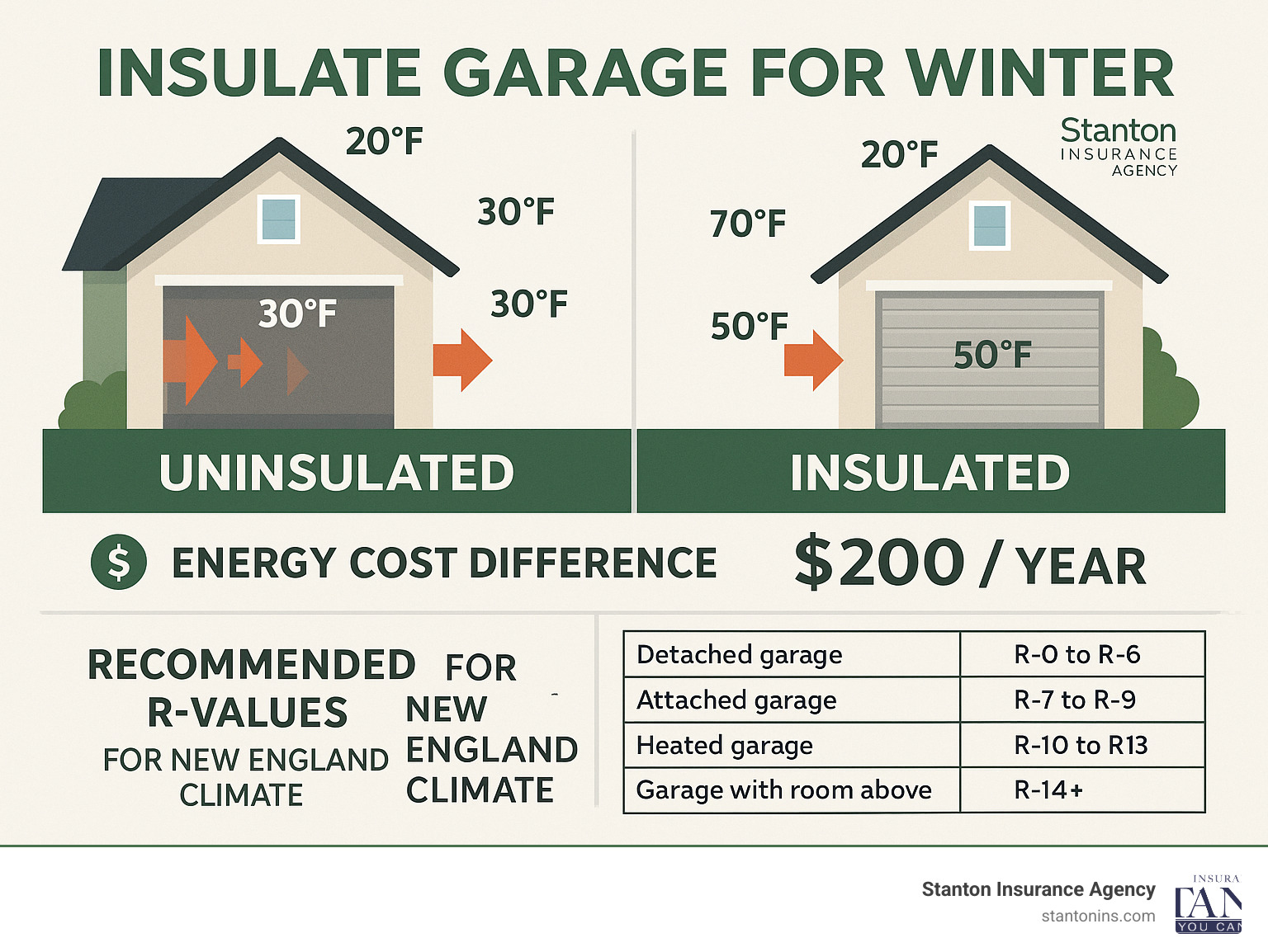 Detailed infographic showing heat loss comparison between uninsulated and insulated garage, with temperature readings, energy cost differences, and R-value recommendations for different garage types in New England climate - Insulate garage for winter infographic 
