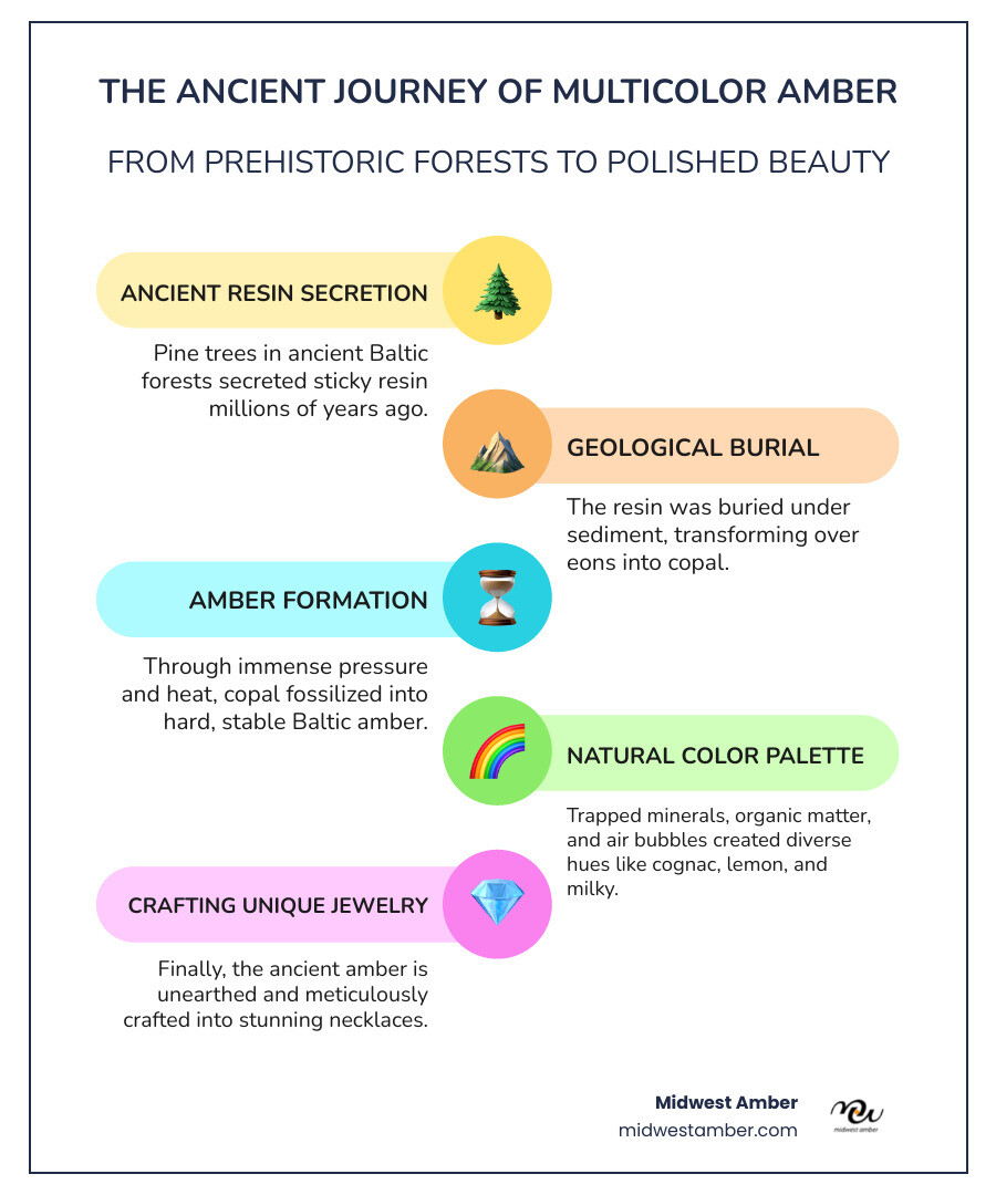 Infographic showing the journey of multicolor amber from ancient pine tree resin 45 million years ago through geological processes to polished jewelry, highlighting the natural color variations of cognac, lemon, cherry, milky and green tones in Baltic amber necklaces - multicolor amber necklace infographic infographic-line-5-steps-colors