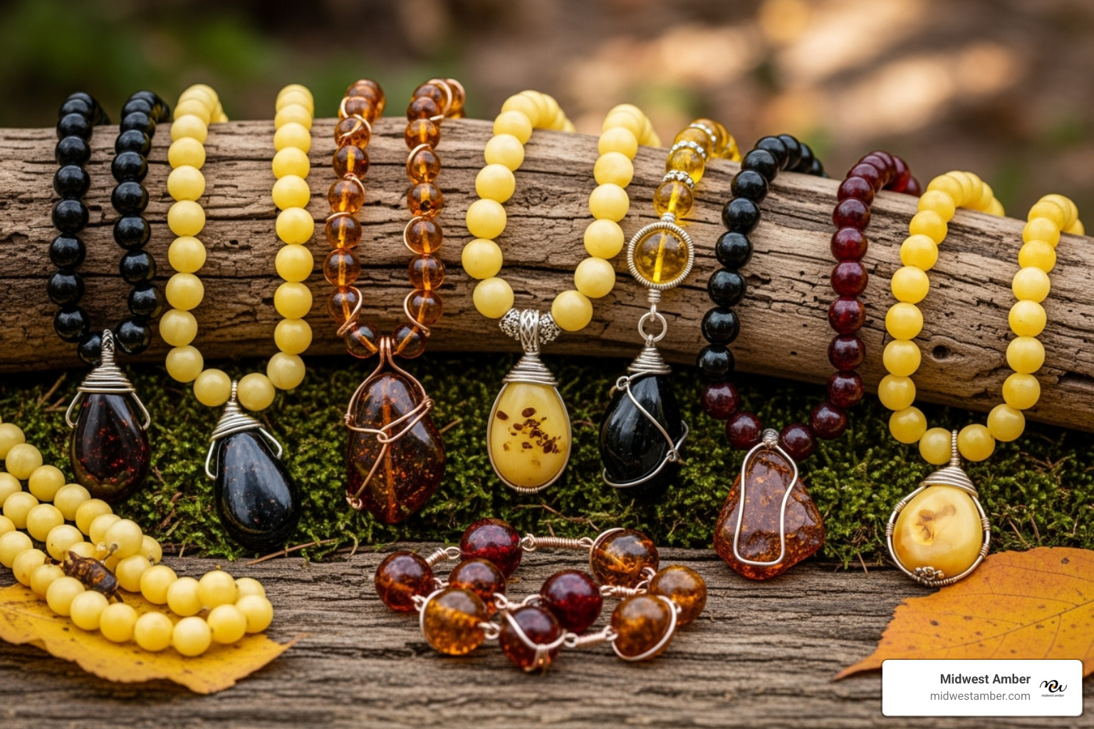 collection of handcrafted amber jewelry - multicolor amber necklace