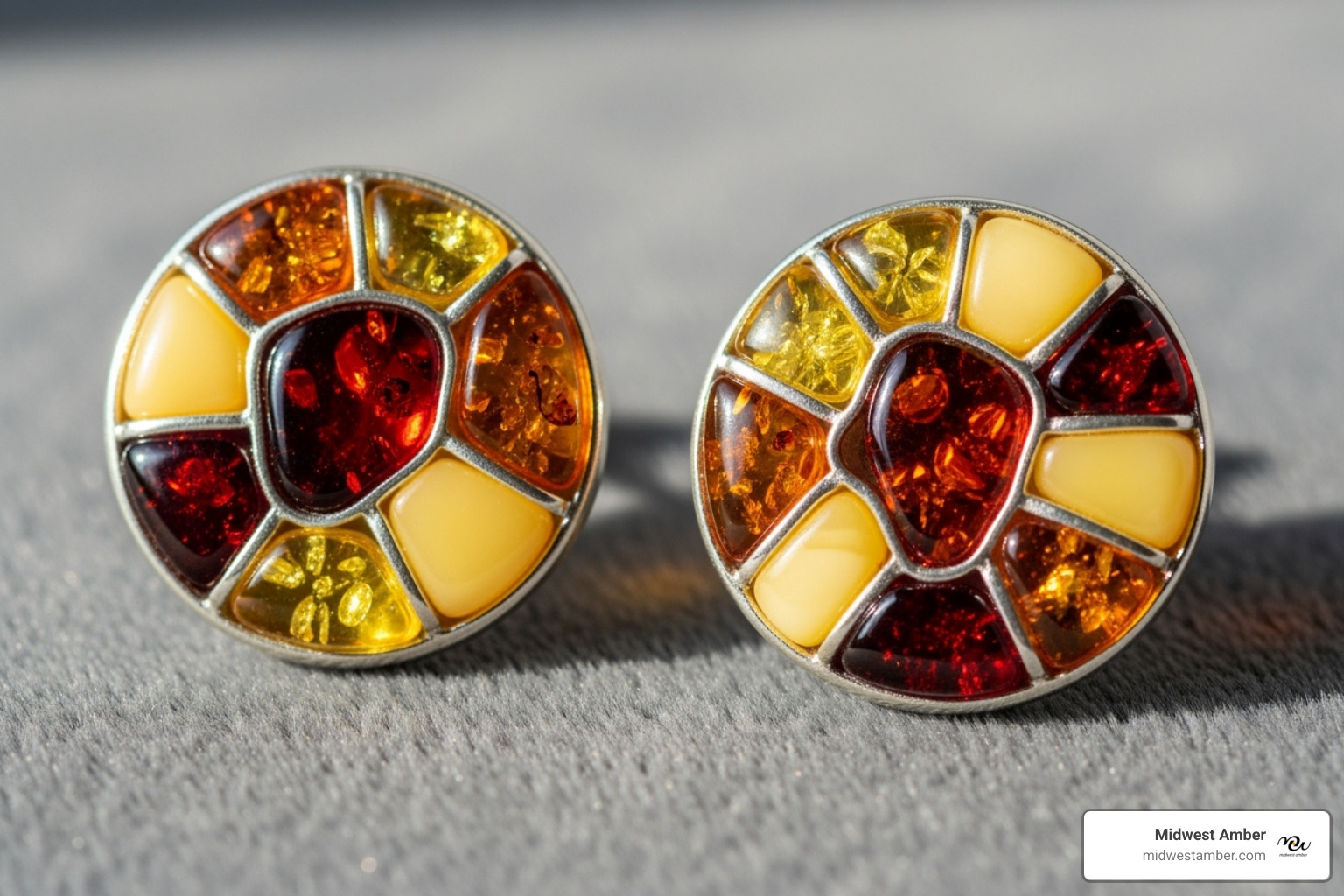A close-up of multicolor amber stud earrings - multicolor amber earrings