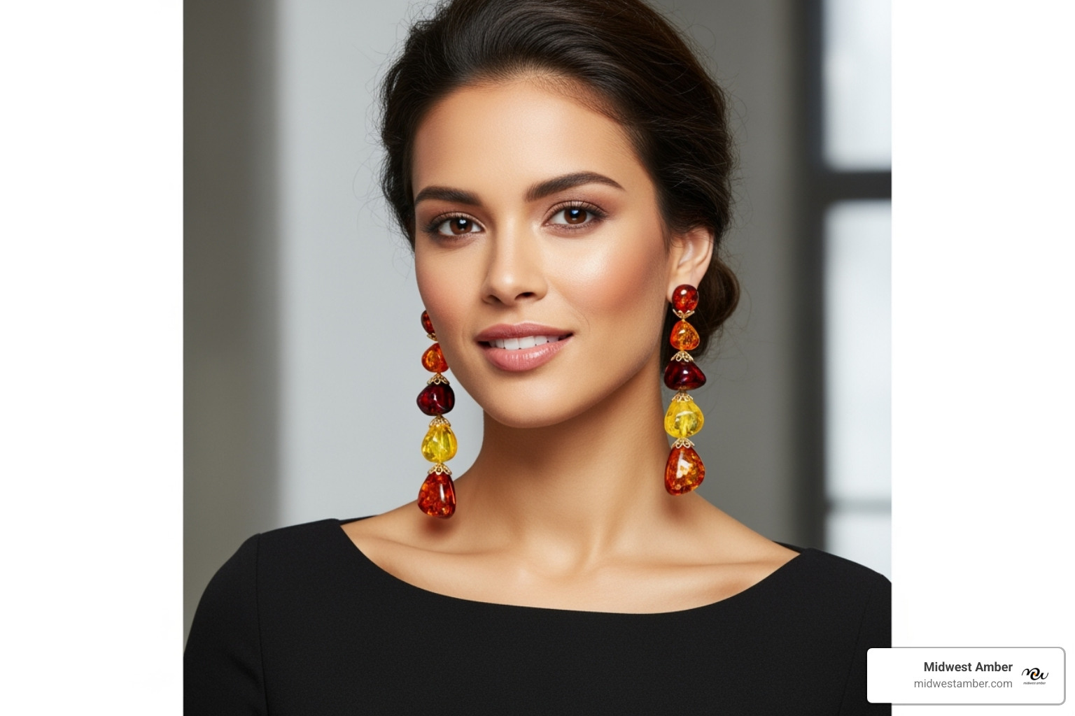 A model wearing multicolor amber dangle earrings - multicolor amber earrings