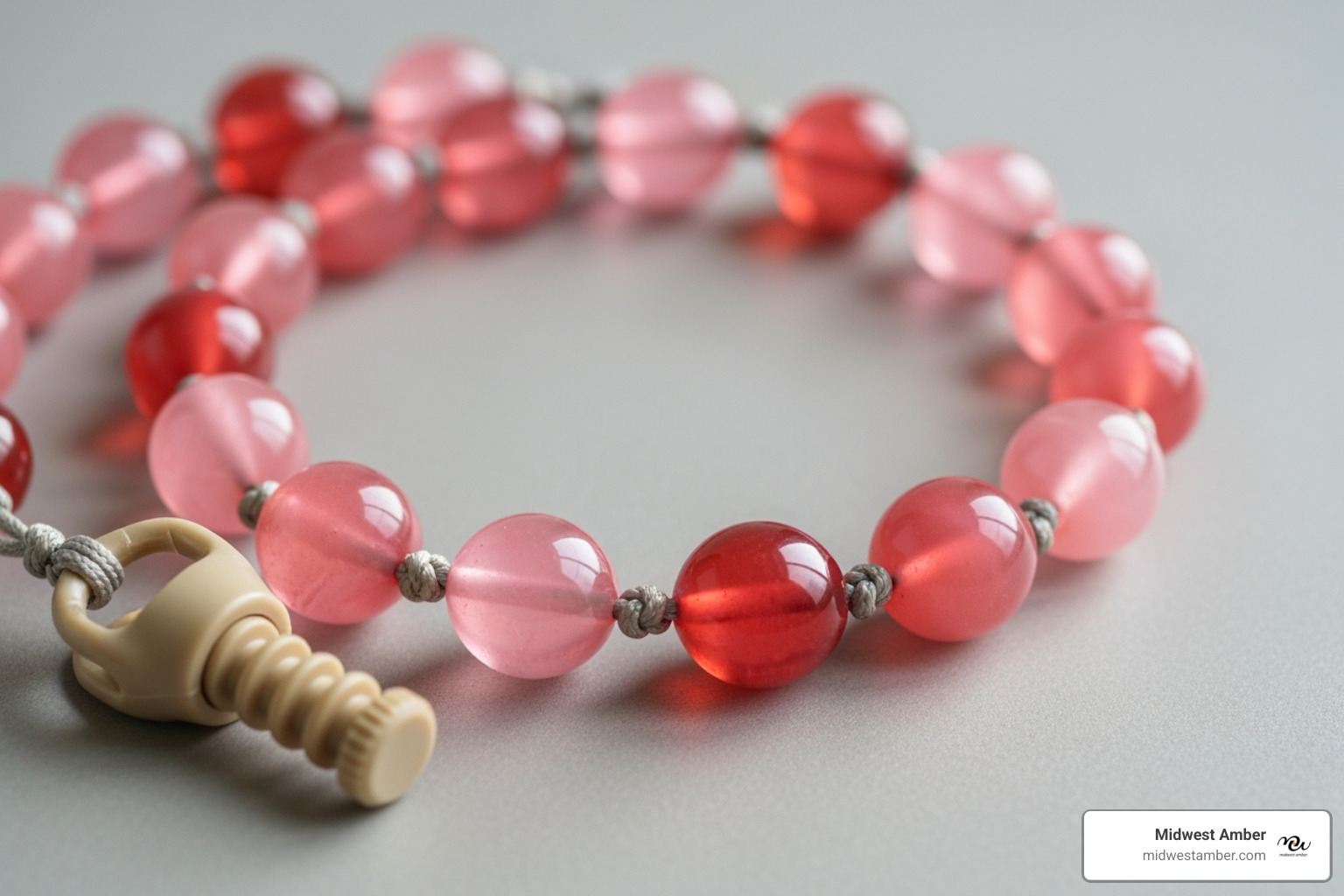 necklace clasp and knotted string - pink amber teething necklace