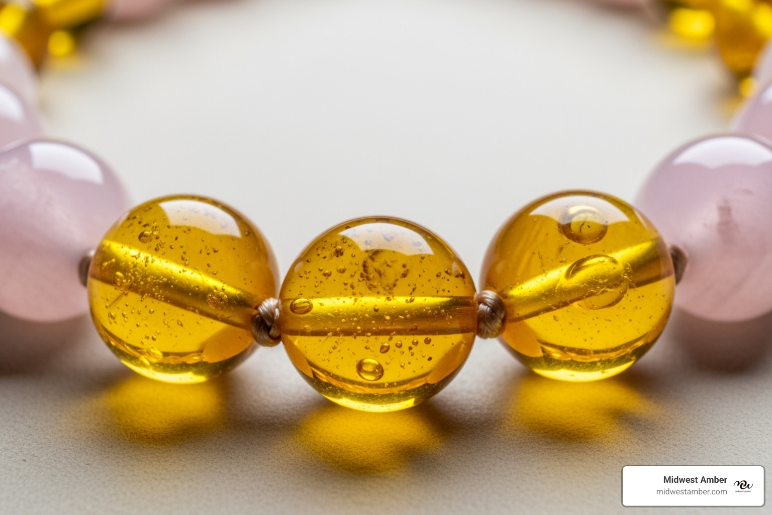 close-up of a pink amber and rose quartz necklace showing the bead details - pink amber teething necklace
