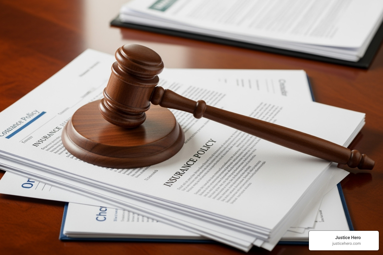Gavel resting on insurance policy documents - car accident lawsuit payout