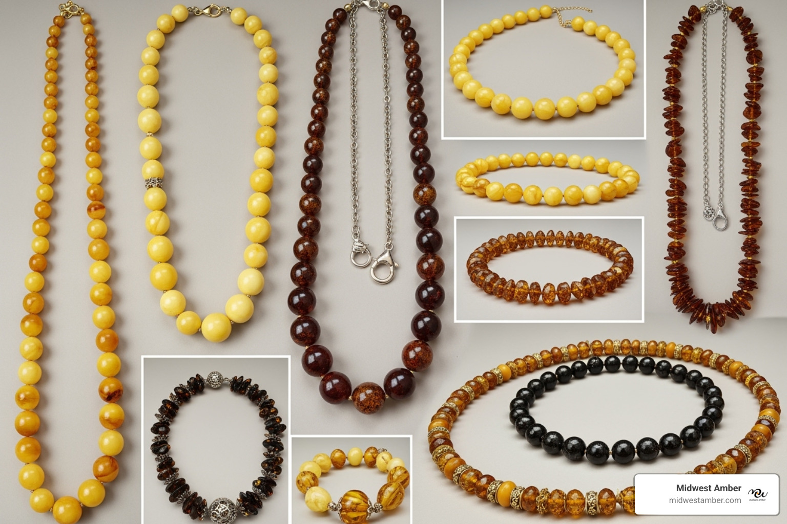 collage showcasing different styles of amber necklaces - necklace with amber stone