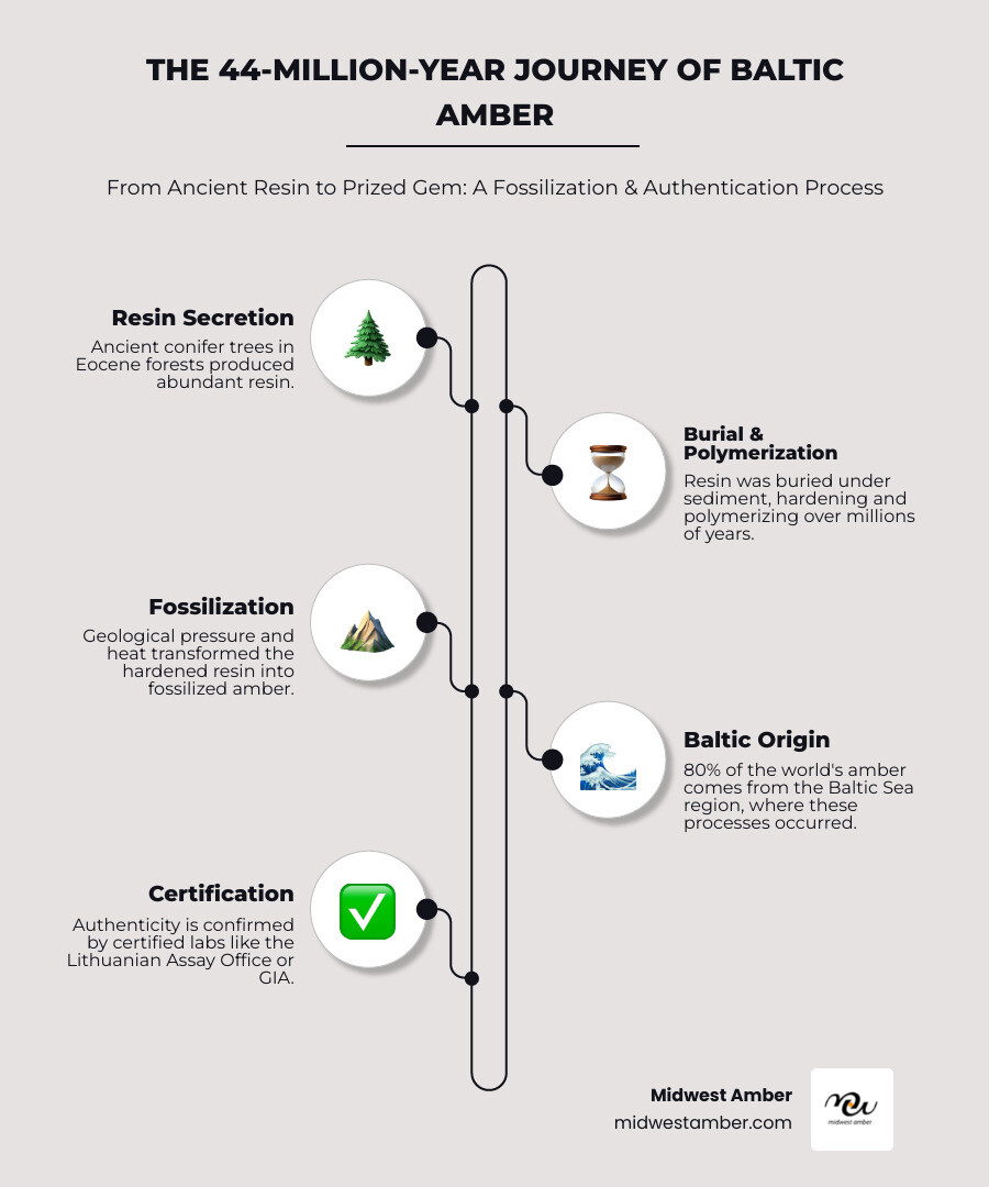 Infographic showing the 44-million-year journey from ancient conifer tree resin through fossilization process to certified Baltic amber, including key identification markers and certification requirements - certified Baltic amber infographic infographic-line-5-steps-neat_beige