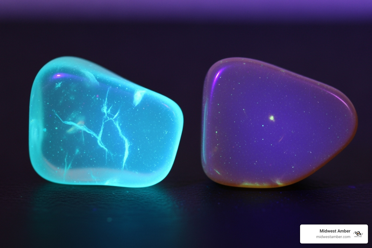 side-by-side comparison of a real amber piece and a plastic fake under UV light - real amber ring