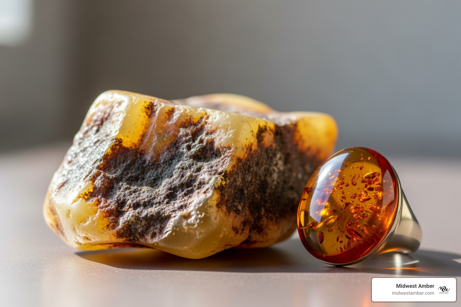 raw Baltic amber next to a polished cognac amber ring - real amber ring